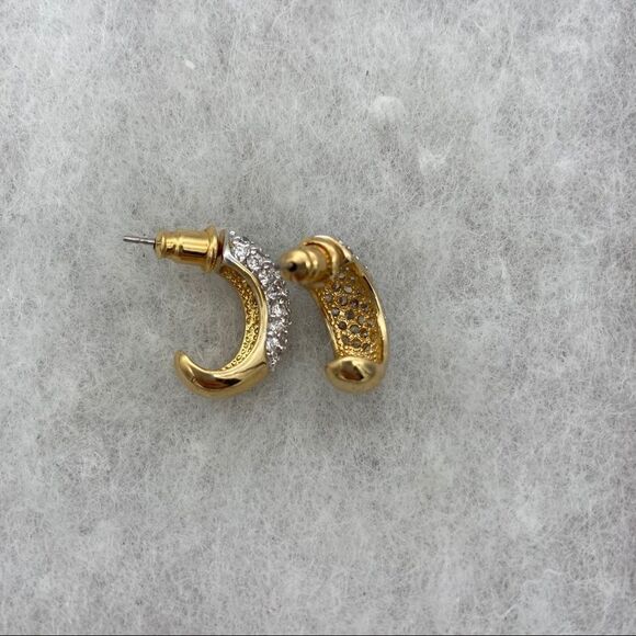 Gold and pavé half hoop post earrings - Picture 4 of 9